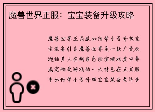 魔兽世界正服：宝宝装备升级攻略
