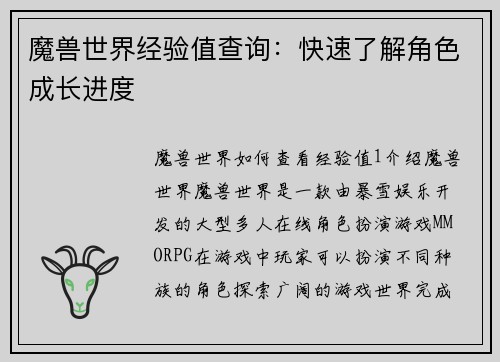 魔兽世界经验值查询:快速了解角色成长进度